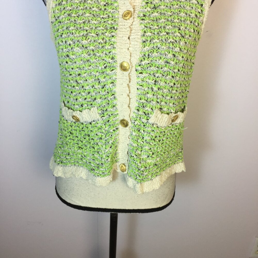 Zara Vest Sweater Size M Womans Green Cream Crochet Knit Gold Buttons Sleeveless - Picture 11 of 13